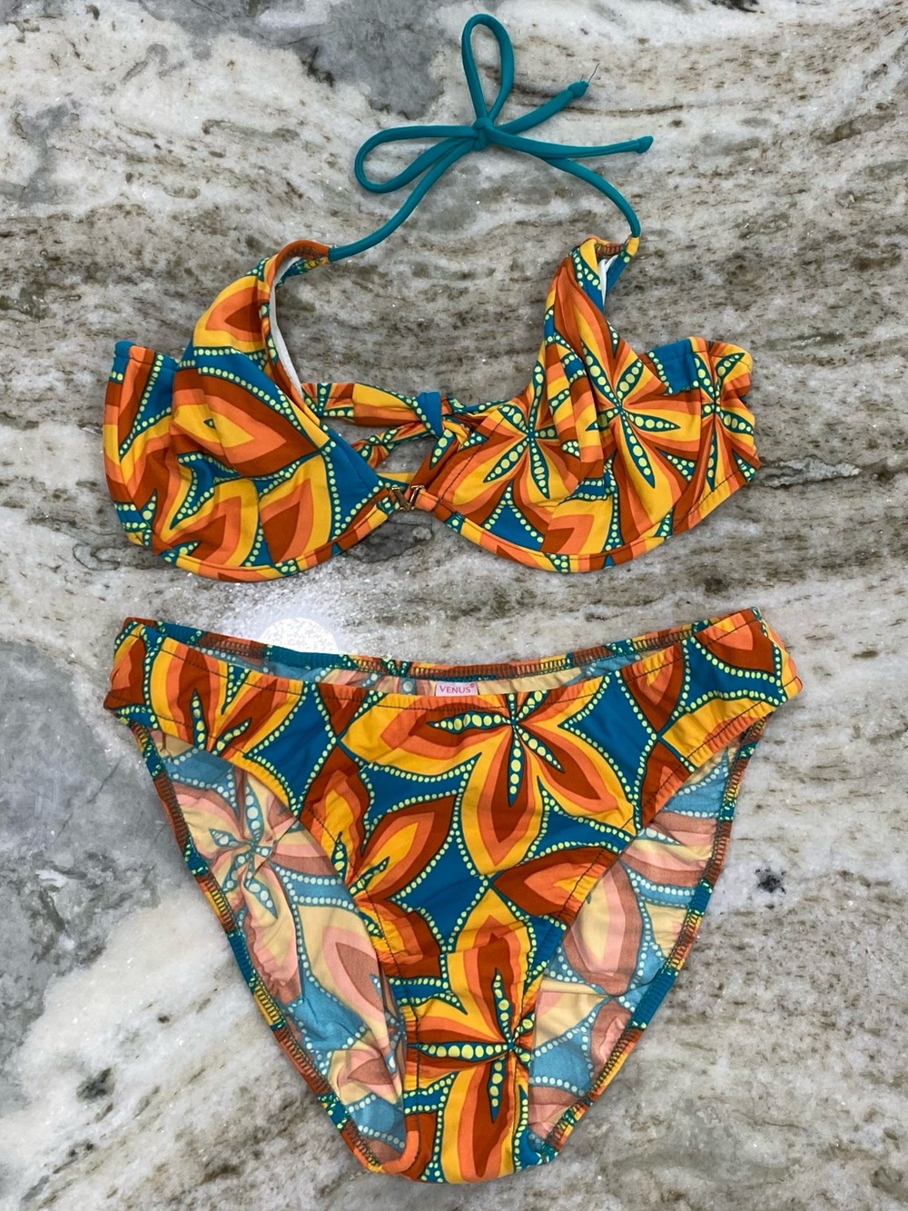 VENUS Teal Orange Floral Print Bikini size 12 bottom D top